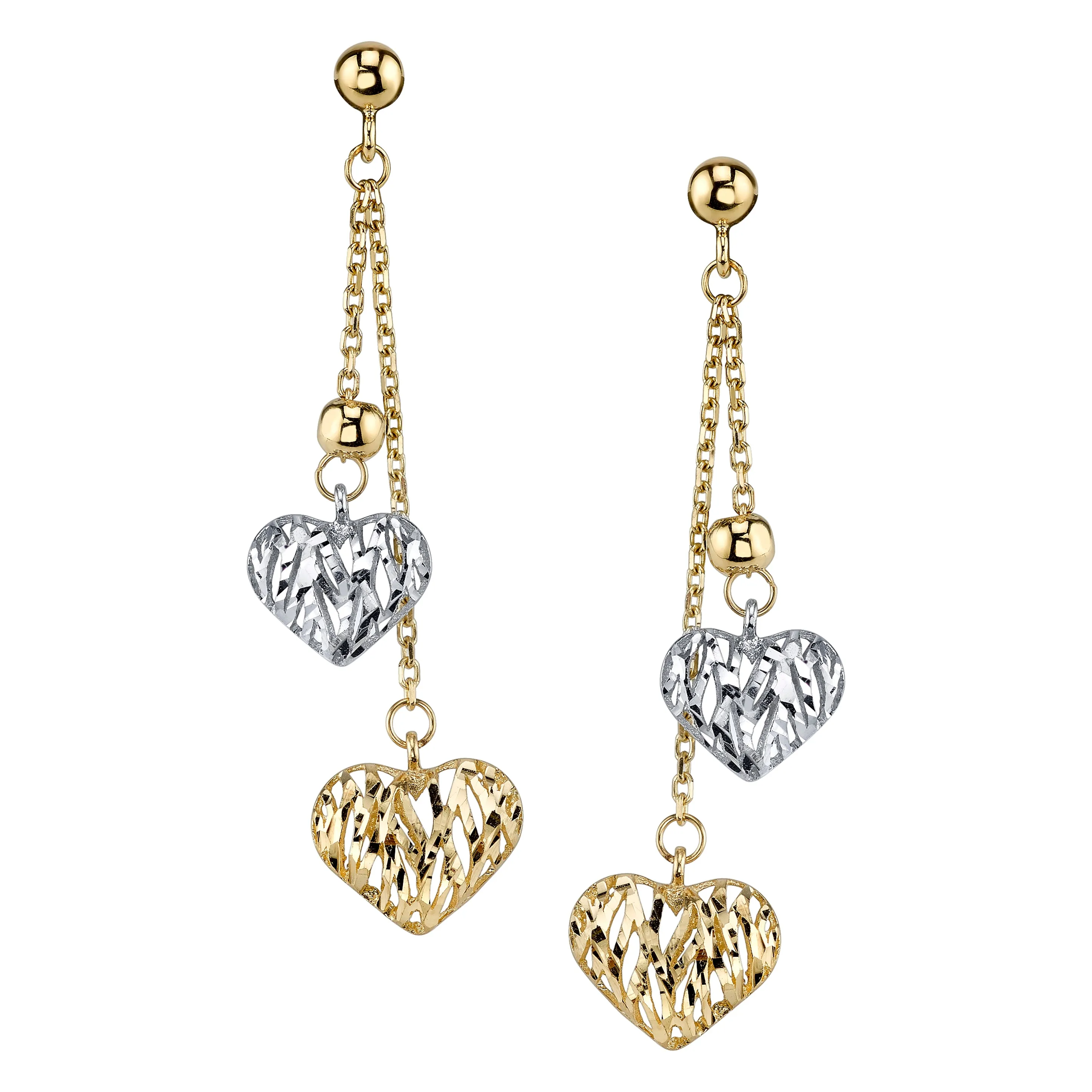 14K Two Tone Dangle Heart Earrings