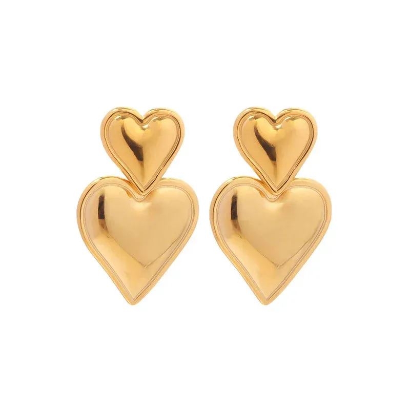 18K Gold Plated Stainless Steel Double Heart Shaped Fashion Jewelry Earring