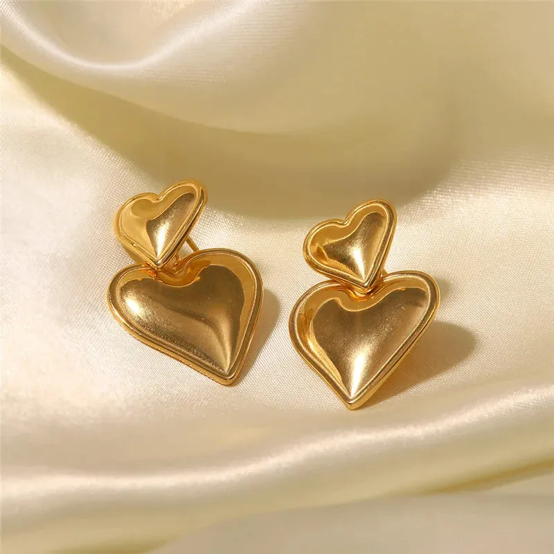 18K Gold Plated Stainless Steel Double Heart Shaped Fashion Jewelry Earring