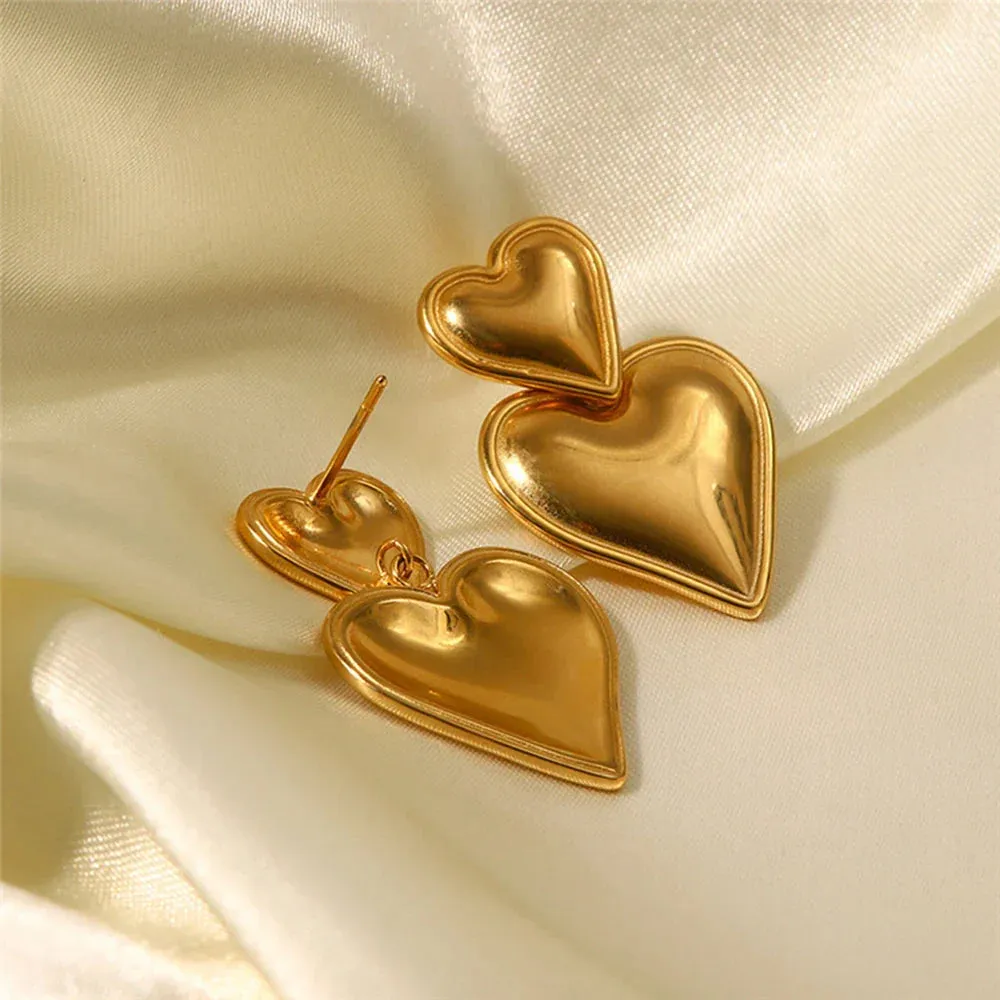 18K Gold Plated Stainless Steel Double Heart Shaped Fashion Jewelry Earring