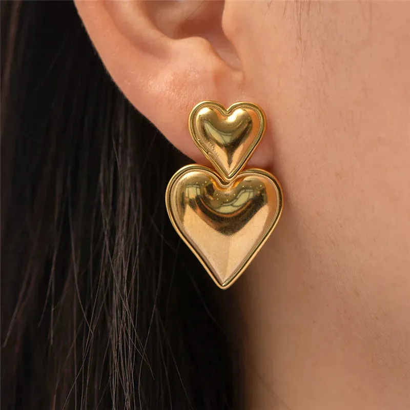 18K Gold Plated Stainless Steel Double Heart Shaped Fashion Jewelry Earring