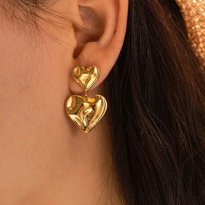 18K Gold Plated Stainless Steel Double Heart Shaped Fashion Jewelry Earring