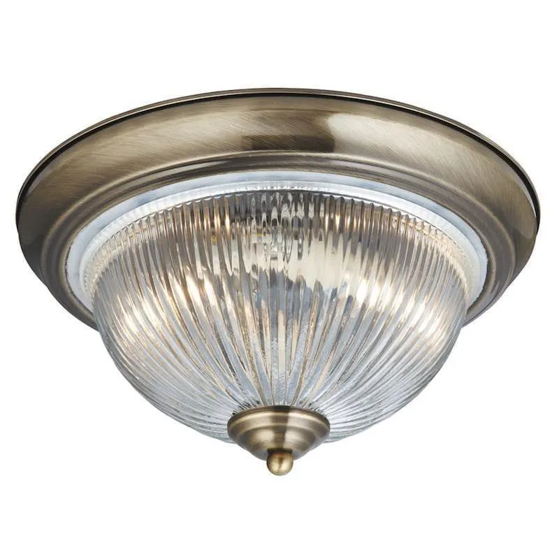 American Diner 1 Light Brass & Ribbed Glass Ceiling Flush