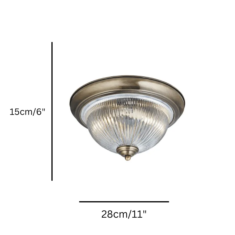 American Diner 1 Light Brass & Ribbed Glass Ceiling Flush