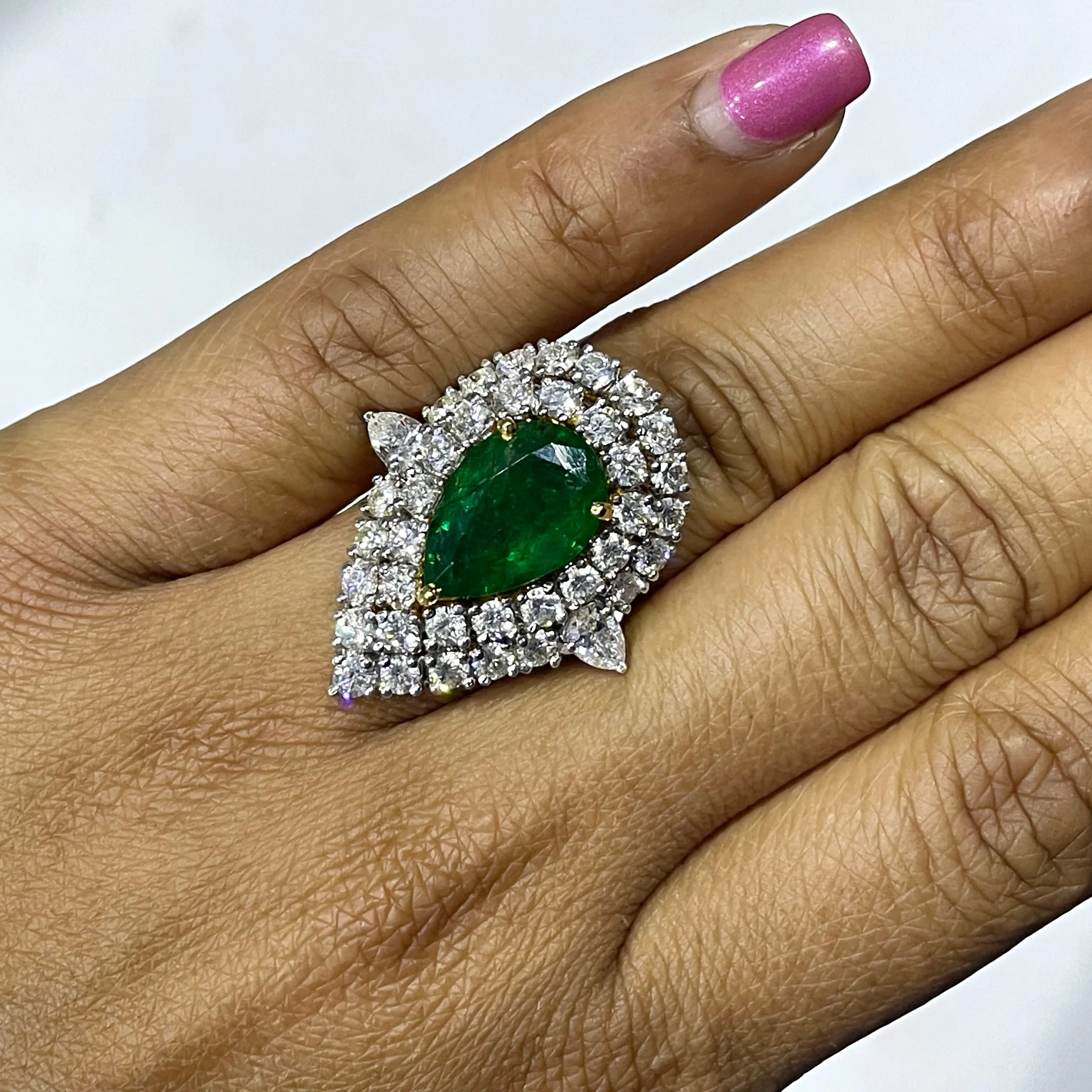 Beauvince Yana Pear Emerald & Diamond Halo Ring (8.96 cts Emerald & Diamonds) in Gold