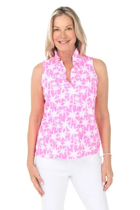 Brushstroke Palms Cooling UPF50  Ruffle Neck Sleeveless Top