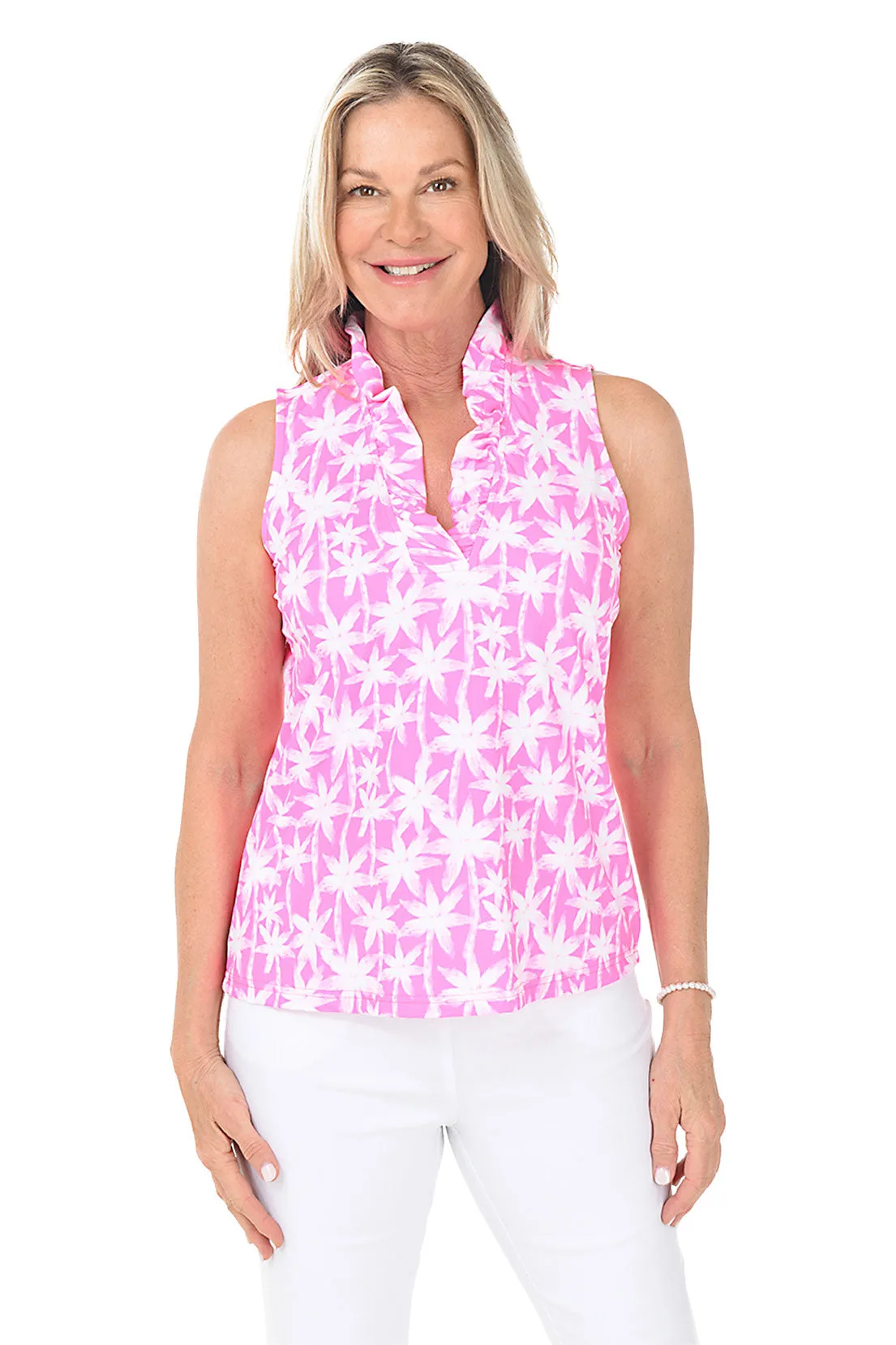 Brushstroke Palms Cooling UPF50  Ruffle Neck Sleeveless Top