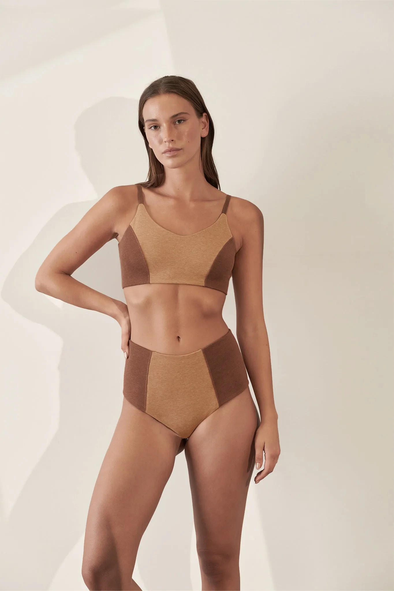 Contoured Crop Top  Organic Cotton Rib / Camel & Brown