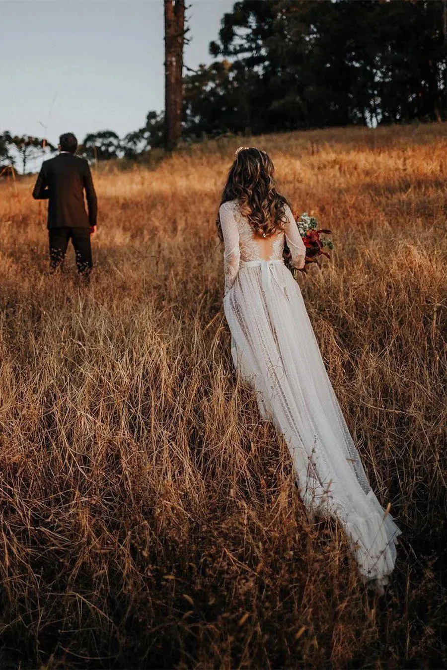 Long Sleeve Polka Dot Rustic Lace Wedding Dress