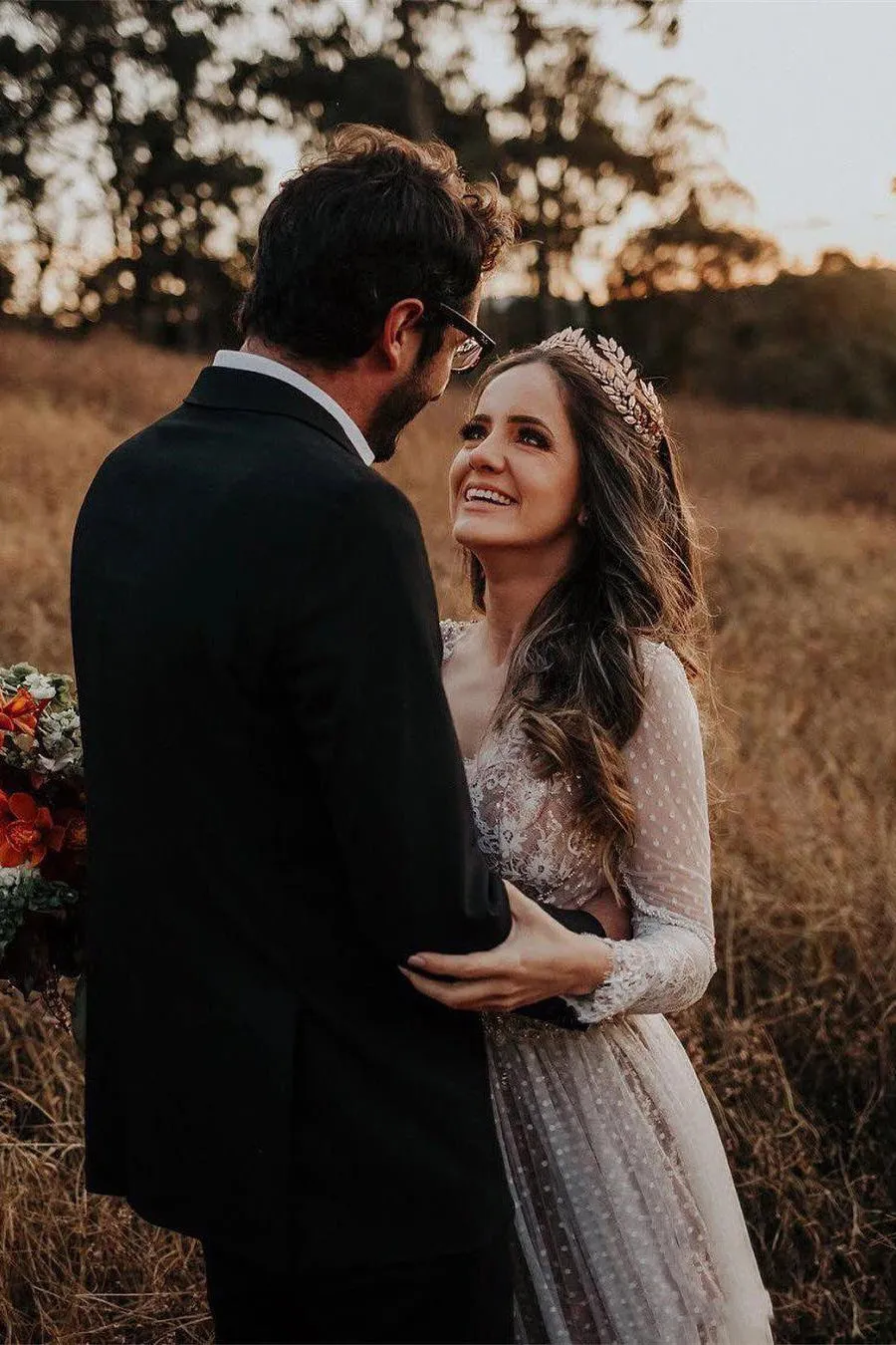 Long Sleeve Polka Dot Rustic Lace Wedding Dress