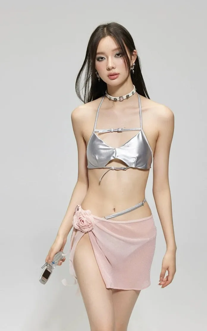 Metallic Halter Top Bikini with Sheer Sarong