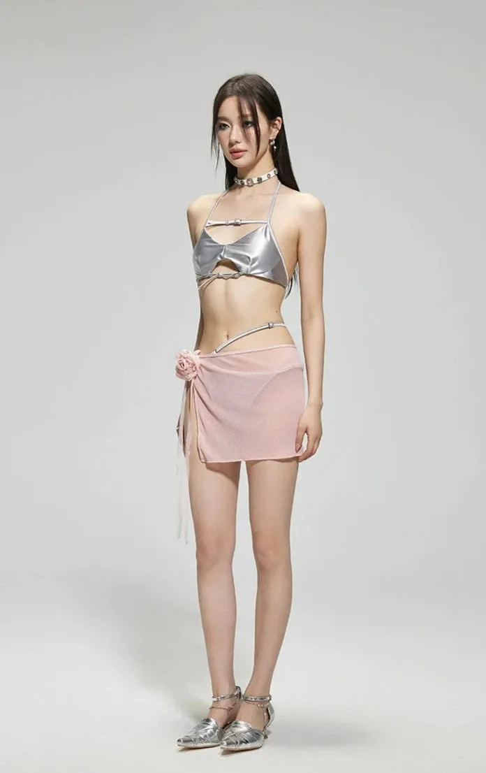 Metallic Halter Top Bikini with Sheer Sarong