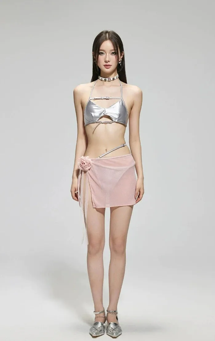 Metallic Halter Top Bikini with Sheer Sarong