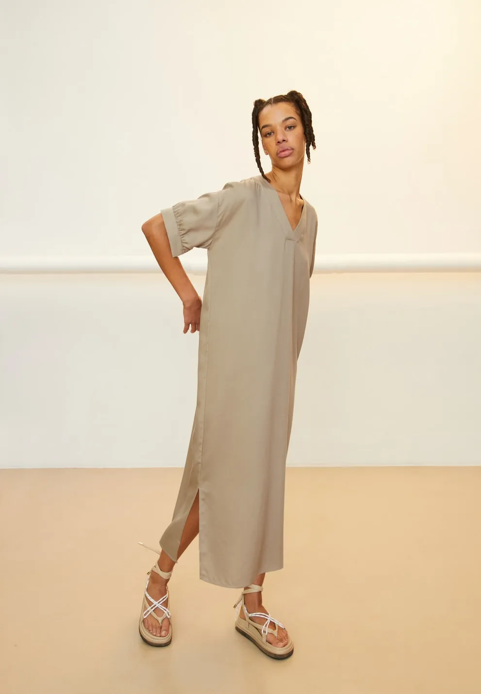 Nerisaa Light Desert Short Sleeve Maxi Dress In Tencel Sizes L & XL