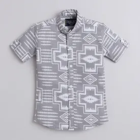 Polka Tots Cotton Regular Fit Half Sleeve Chinese Collar Geometric Print Shirt - Grey