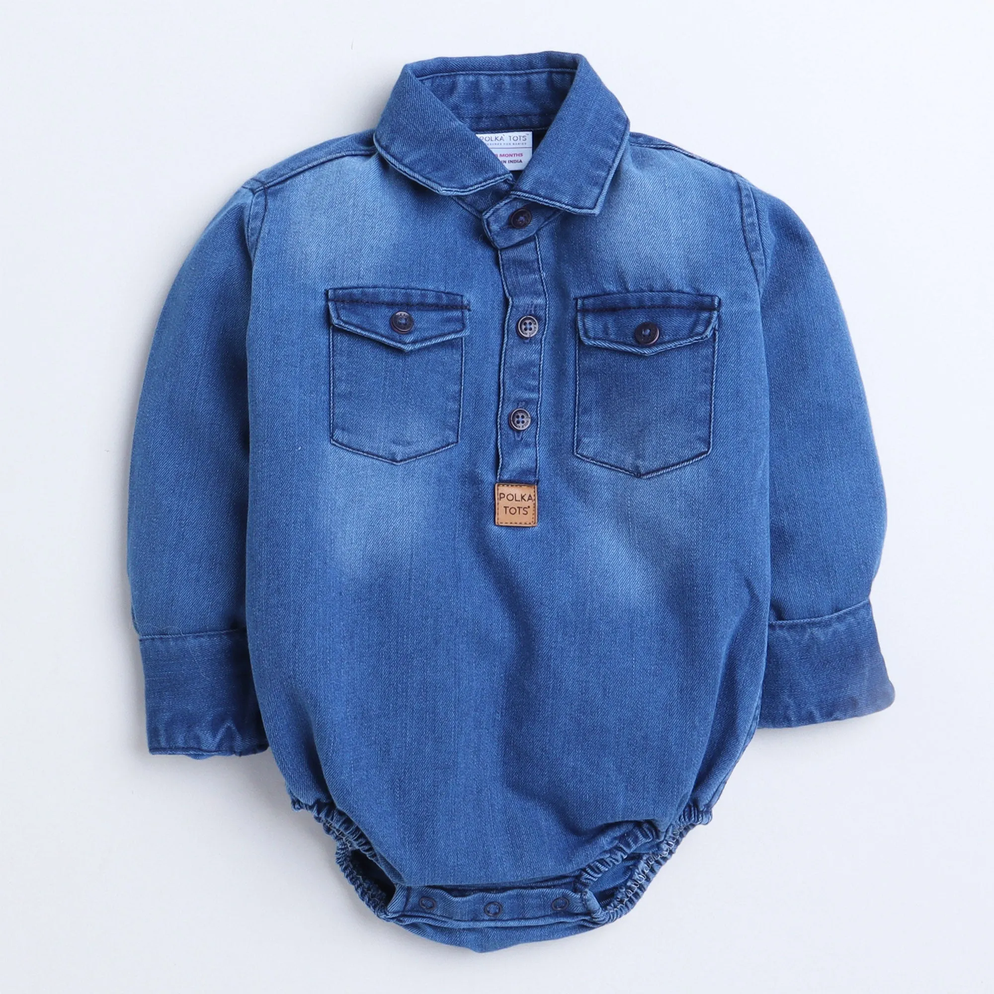 Polka Tots Full Sleeve Denim Onesie with Two Pocket Flap and Lather Patch Mini Boss - Blue