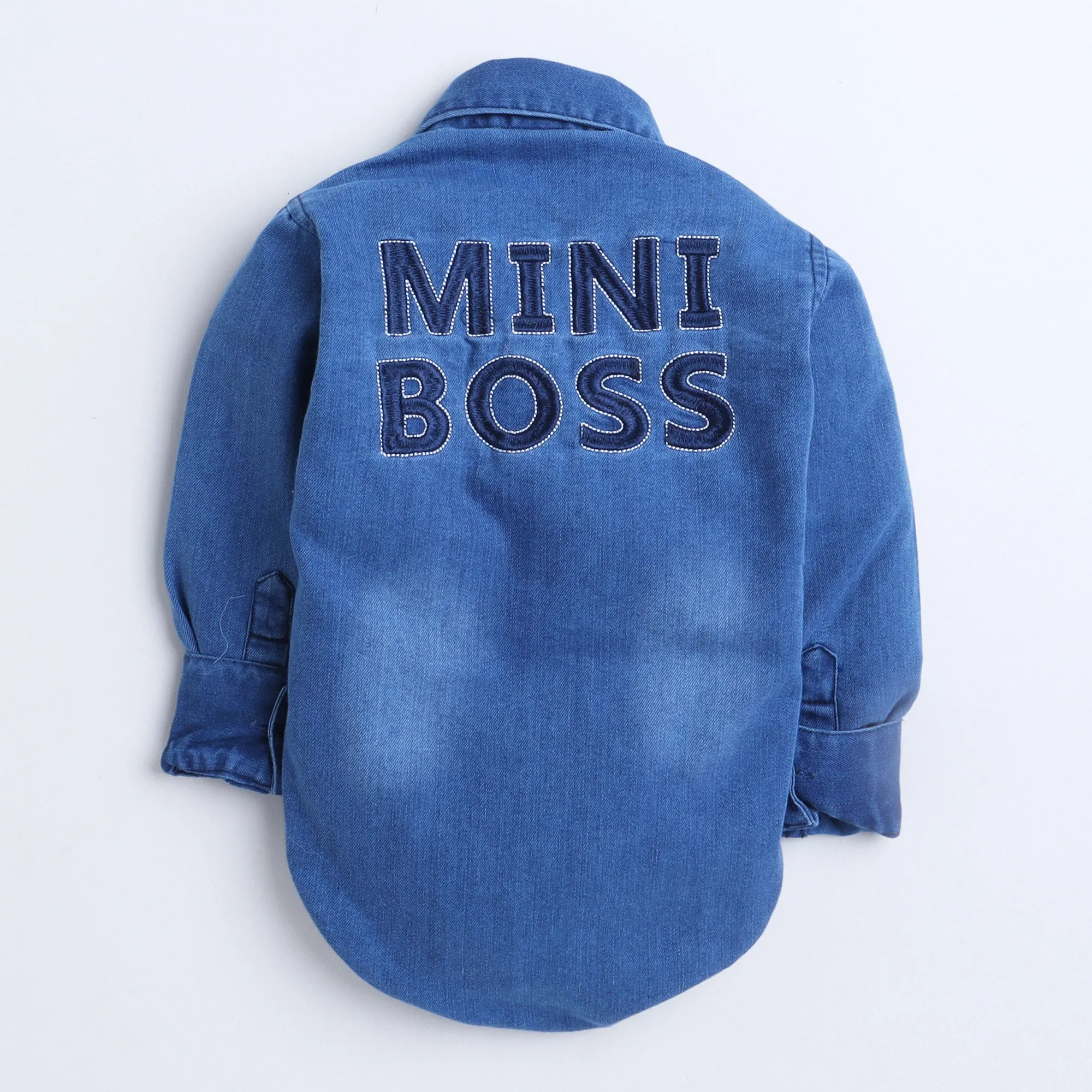 Polka Tots Full Sleeve Denim Onesie with Two Pocket Flap and Lather Patch Mini Boss - Blue