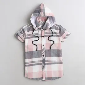 Polka Tots Half Sleeve Shirt 100% Cotton Checkered With Stylish Hoddie - Pink