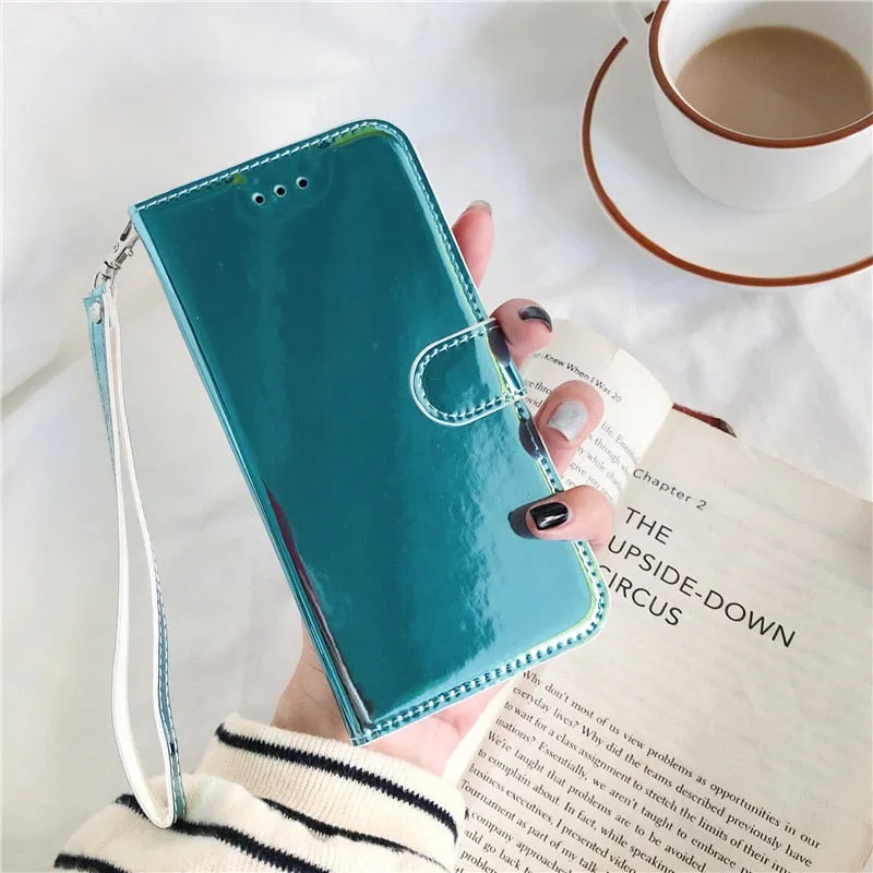 Shiny Reflective Bright Flip Wallet Phone Case for iPhone