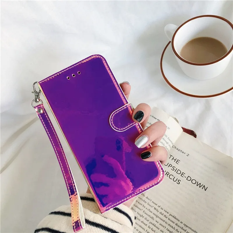 Shiny Reflective Bright Flip Wallet Phone Case for iPhone