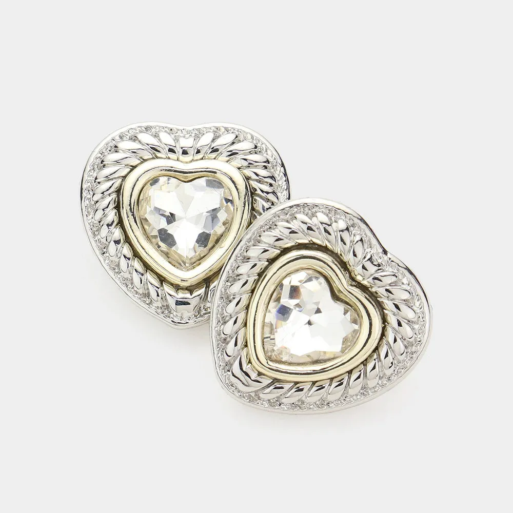 Silver Heart Stone Pointed Stud Earrings