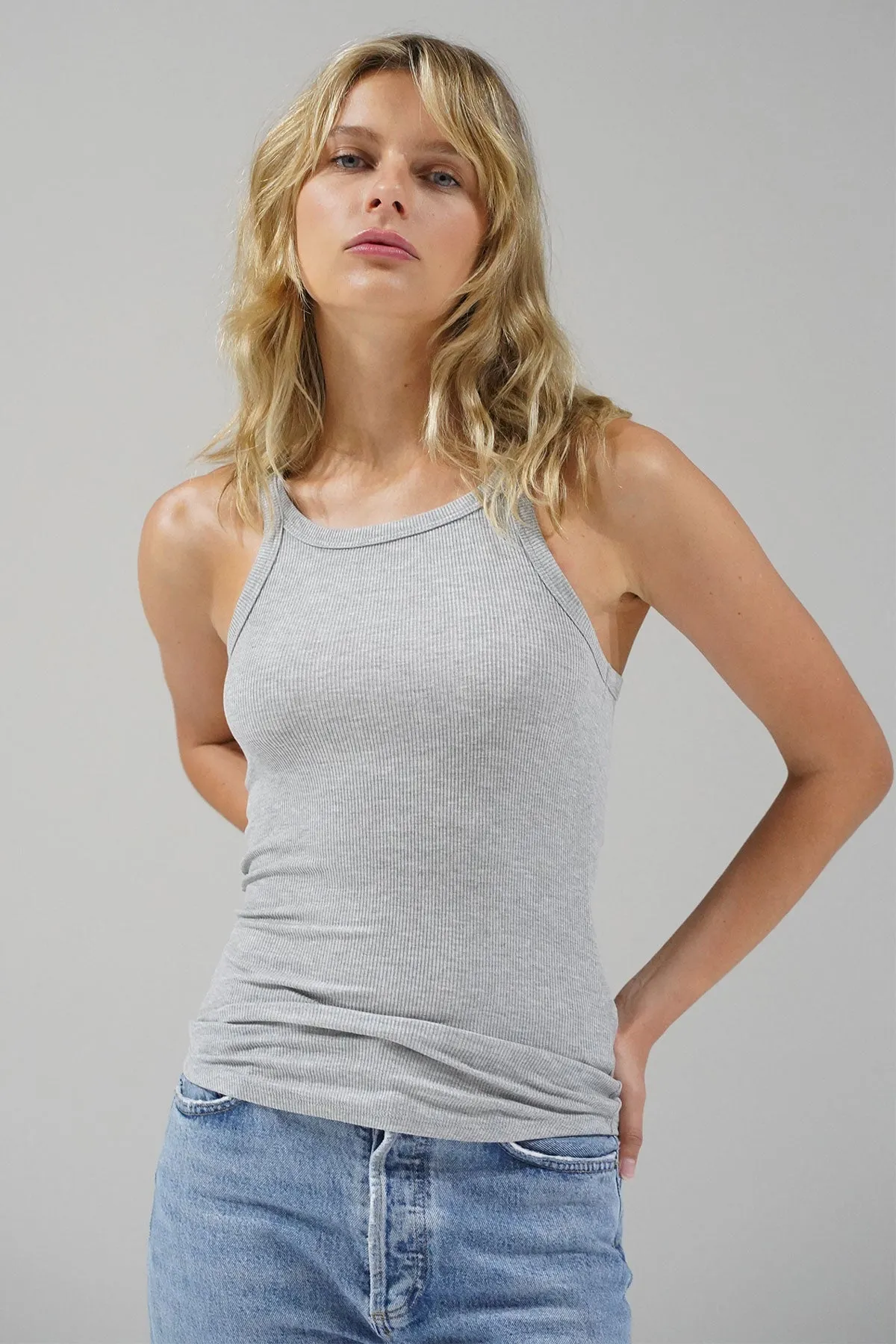 Skinny Racer Ribbed Tank - Heather Grey