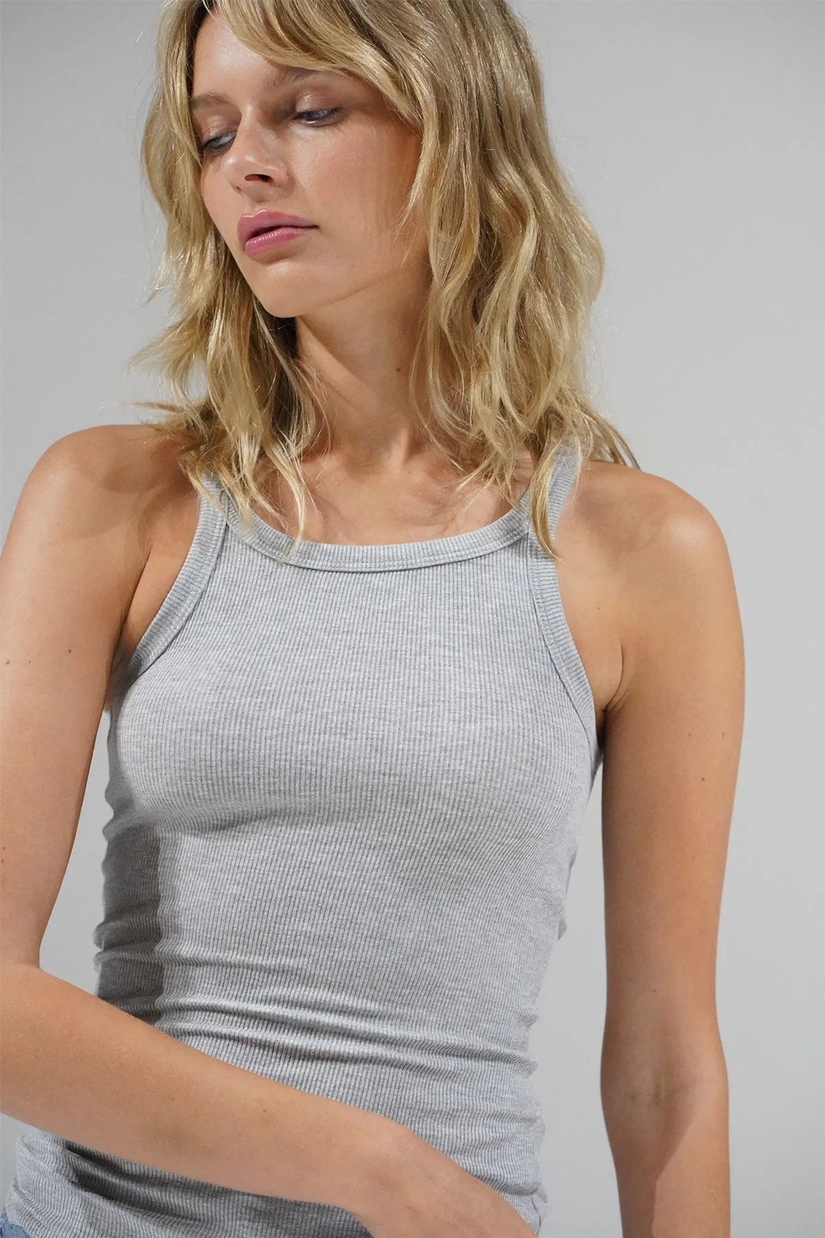 Skinny Racer Ribbed Tank - Heather Grey