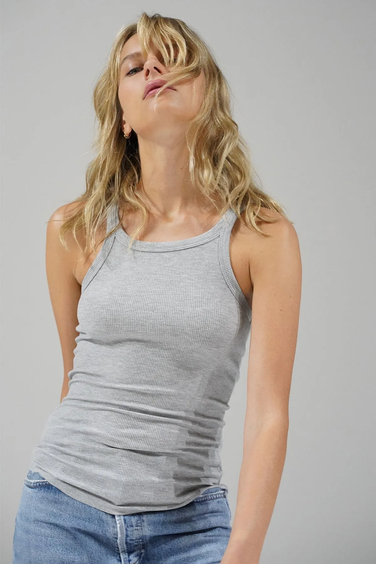 Skinny Racer Ribbed Tank - Heather Grey