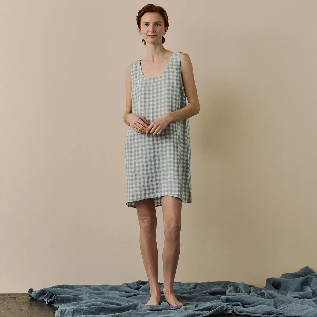 Warm Blue Gingham Linen Night Dress