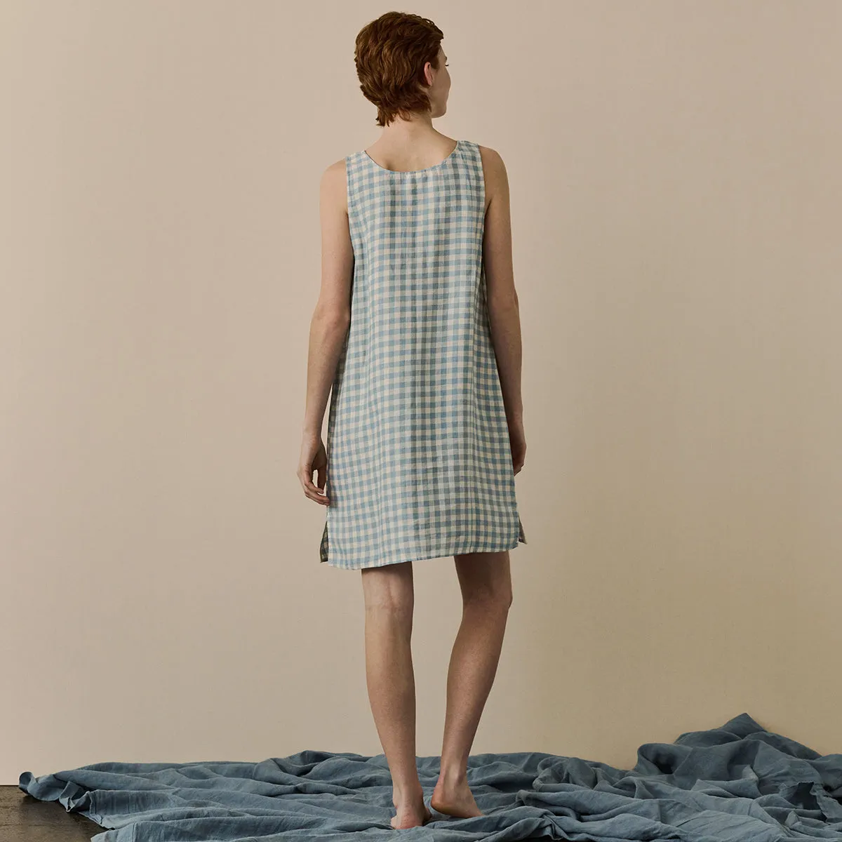 Warm Blue Gingham Linen Night Dress